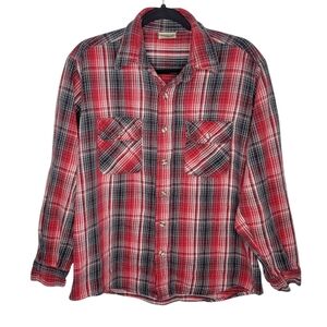 Vintage 80s Five Brother Mens Flannel Plaid Tartan Shirt Size Large in Red White